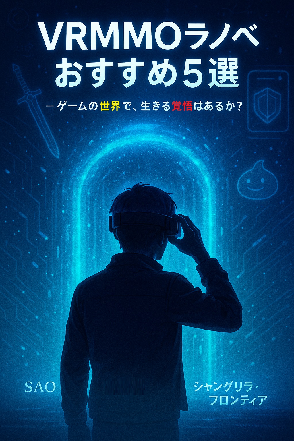 青いネオンの光が渦巻くVRMMOのゲート前に立つ人物のシルエット。『VRMMOラノベおすすめ5選』の文字と共に、仮想世界へログインする瞬間を表現したサイバーファンタジー風アイキャッチ画像