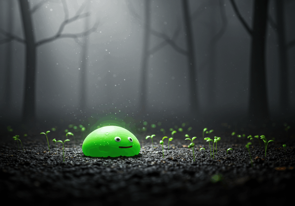 Green slime glowing in a gray forest, symbolizing rebirth.
