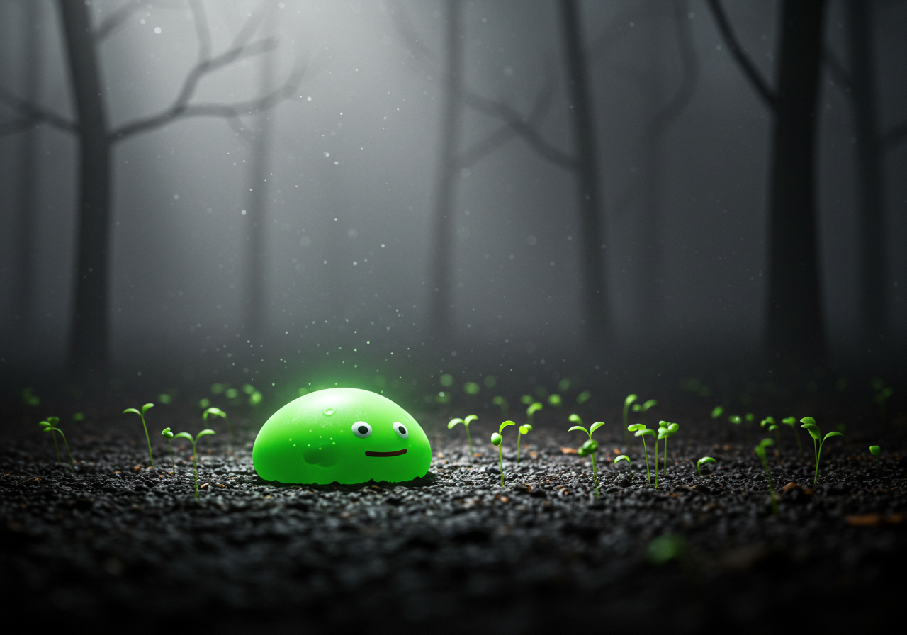 Green slime glowing in a gray forest, symbolizing rebirth.