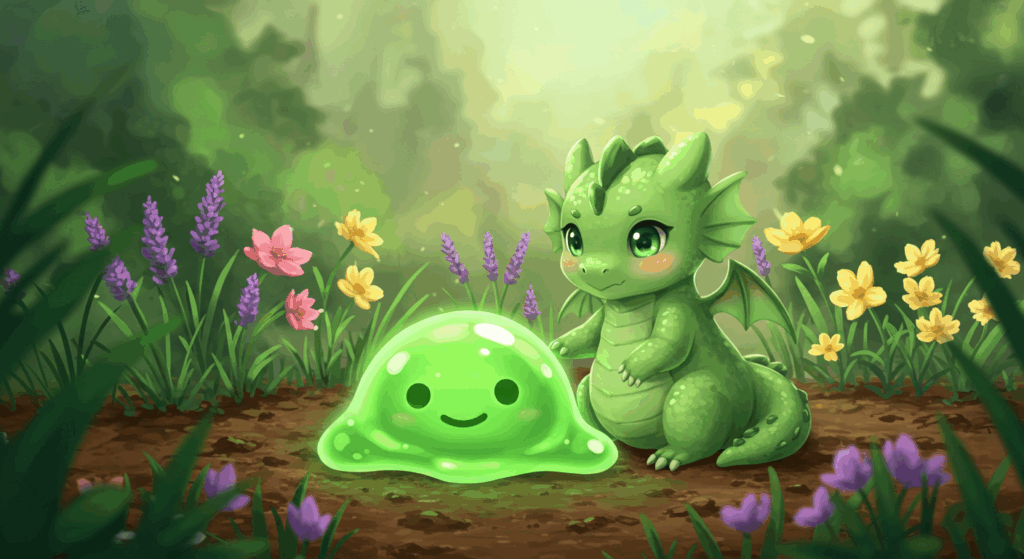 Green dragon girl Lily and green slime in a healing fantasy scene