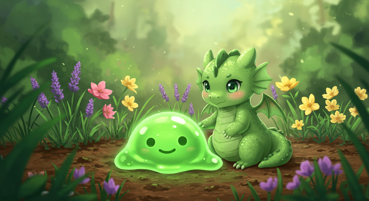 Green dragon girl Lily and green slime in a healing fantasy scene