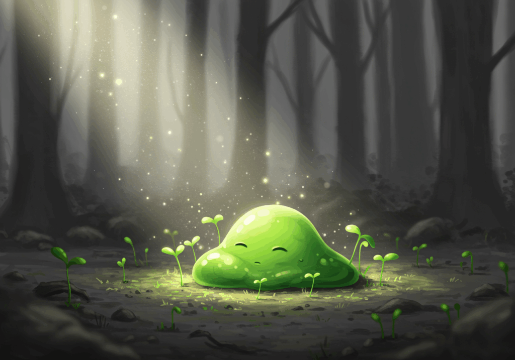 Green slime resting in gray forest with new sprouts, symbolizing hope.