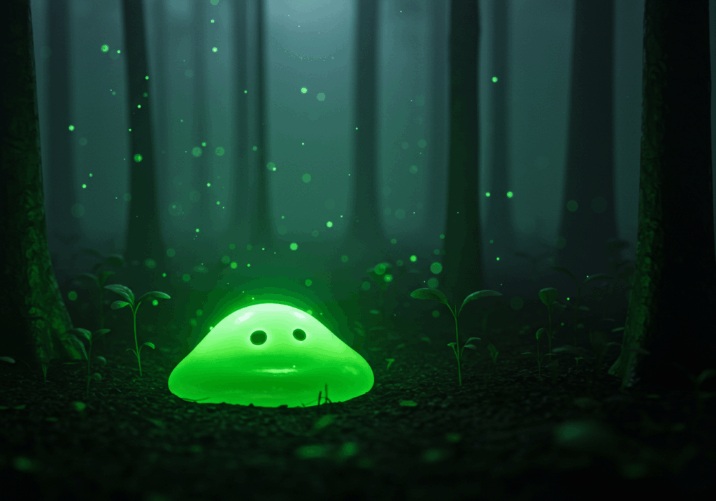 Glowing green slime in gray forest with sprouting plants, poetic atmosphere.