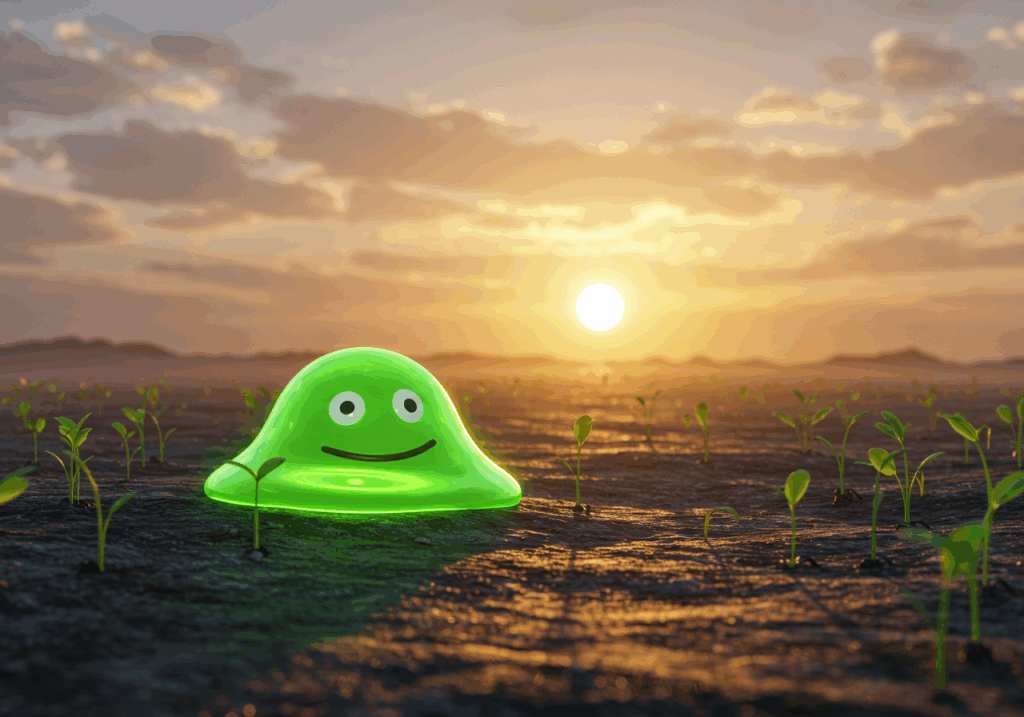 Green slime at dawn among new plants, symbolizing hope and renewal.