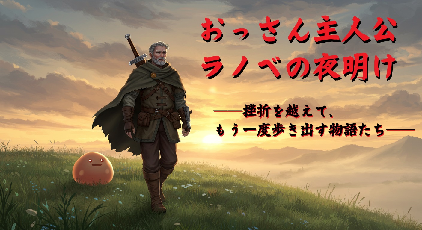 夜明けの草原を歩く中年の冒険者。おっさん主人公ラノベの再生と希望を象徴するアイキャッチ画像(2025年ラノベ市場分析記事用)