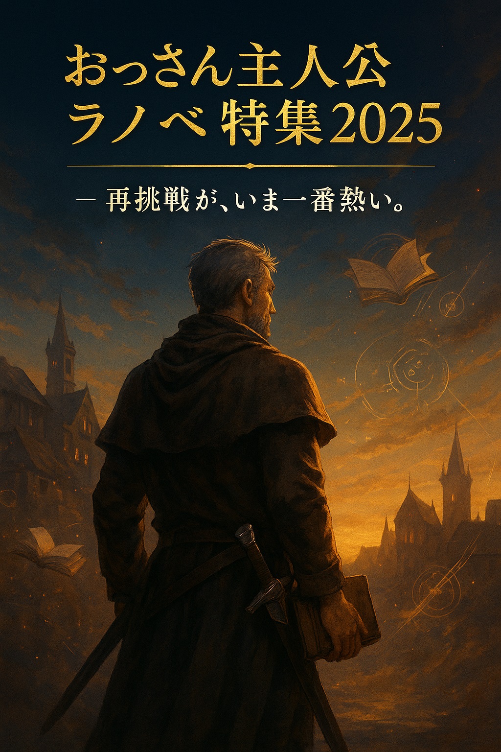 おっさん主人公ラノベ特集2025のアイキャッチ画像。剣と本を手にした中年冒険者が朝焼けの街を背に立ち、再挑戦の象徴として描かれている。