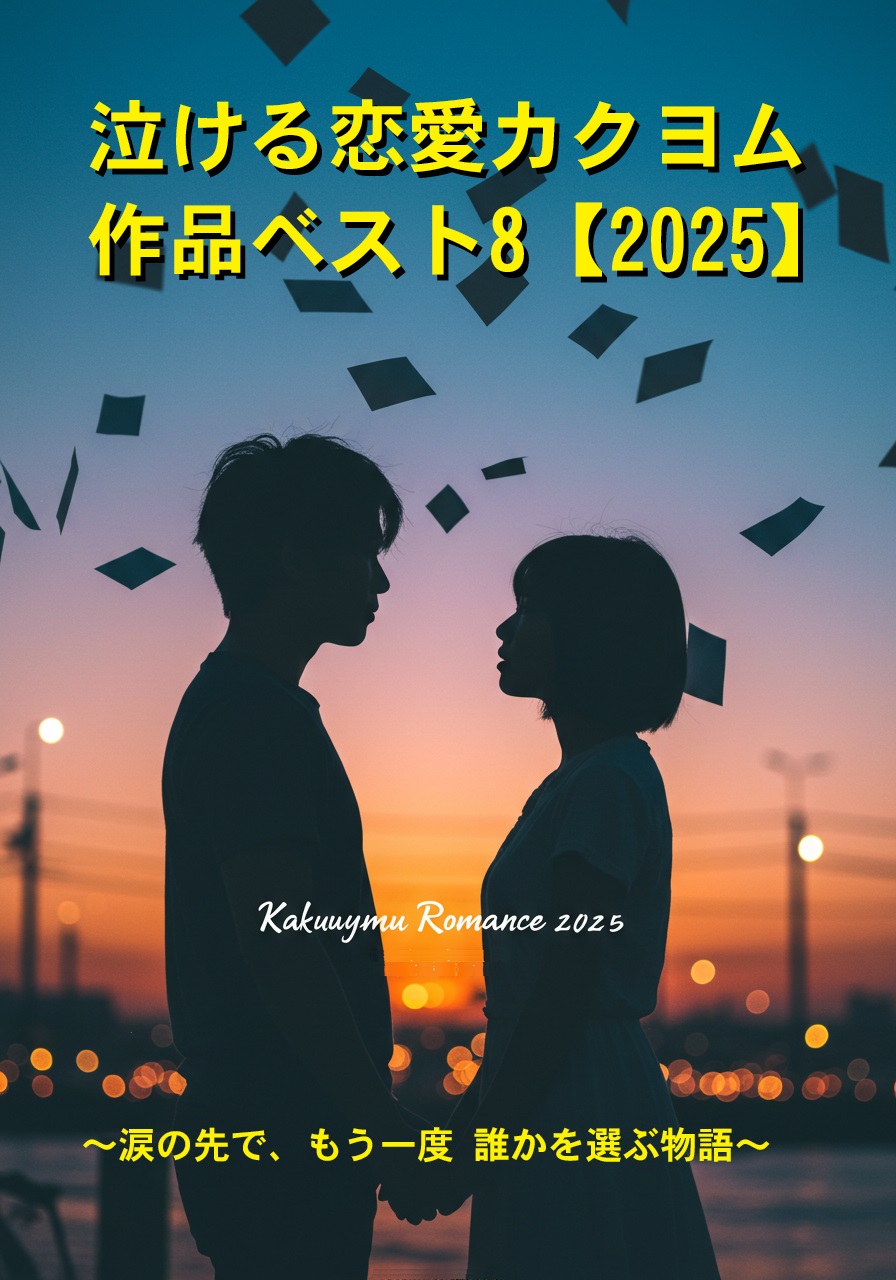 2025年版カクヨム恋愛小説ベスト8を紹介する記事のアイキャッチ画像。夕暮れの空の下、涙のような紙片が舞い、男女のシルエットが静かに佇む構図。淡いブルーとピンクを基調に、「泣ける恋愛カクヨム作品ベスト8【2025】」の文字が入る感動的なデザイン。