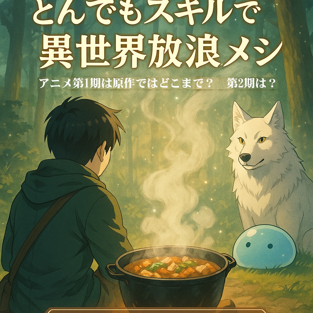 『とんでもスキルで異世界放浪メシ』のアイキャッチ画像。森の野営地でムコーダが鍋をかき混ぜ、湯気が金色の朝日に溶けて立ちのぼる。背後にはフェルとスイのシルエット。温かく幻想的な雰囲気で、第1期から第2期への旅の続きと“異世界の香り”を感じさせる構図。