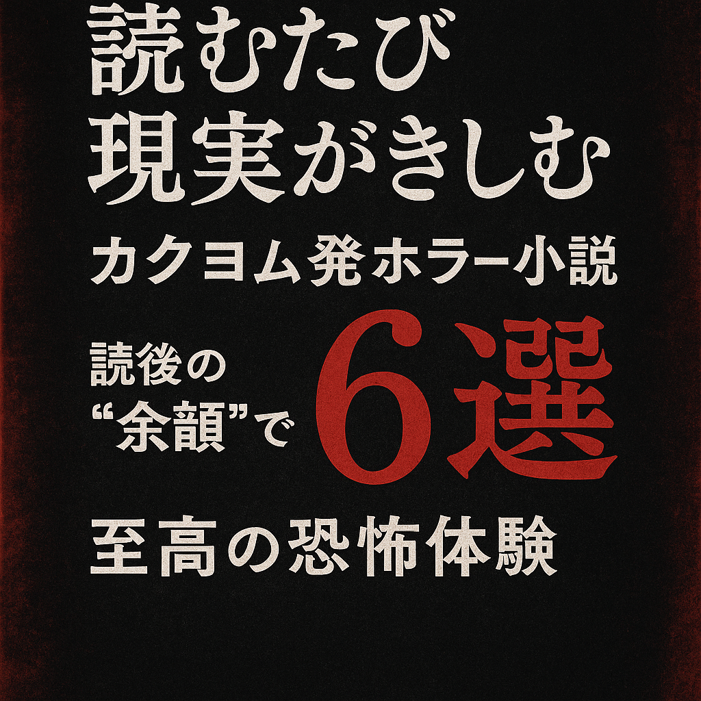カクヨム発ホラー小説6選のサムネイル。闇の中で灯る本と、背後に浮かぶ赤い月。『読むたび現実がきしむ──カクヨム発ホラー6選』のタイトル文字が中央に配置され、怪異と文学を象徴するビジュアル。