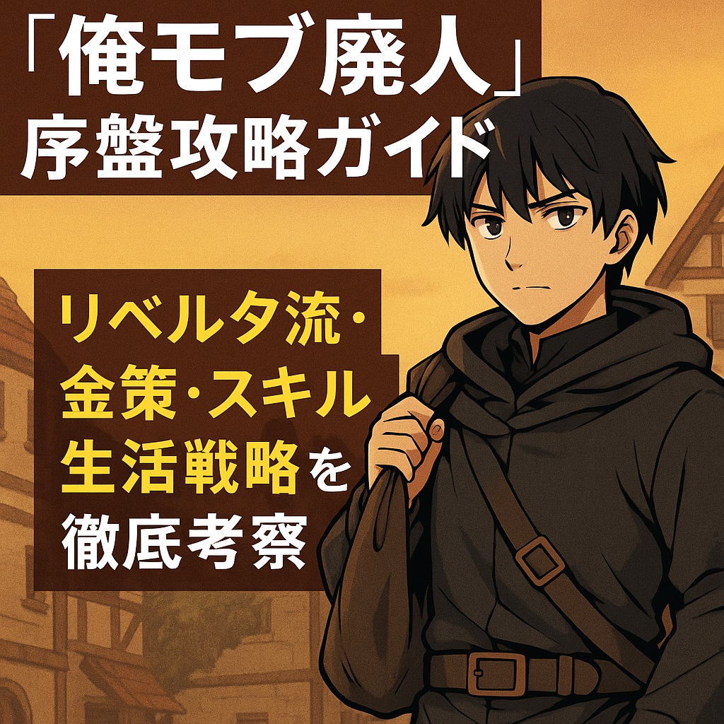 『俺はこの世界がモブでも【廃人】になれば最強になれることを知っている』序盤攻略ガイド。異世界の街角で装備を手に入れるリベルタが、修練者の腕輪と弱者の証を手に効率育成を始めるシーンを描いたデジタルイラスト。