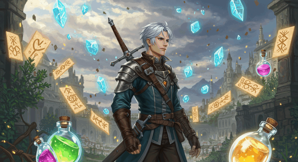 Magicless young swordsman in a fantasy world holding a sword and potion bottle