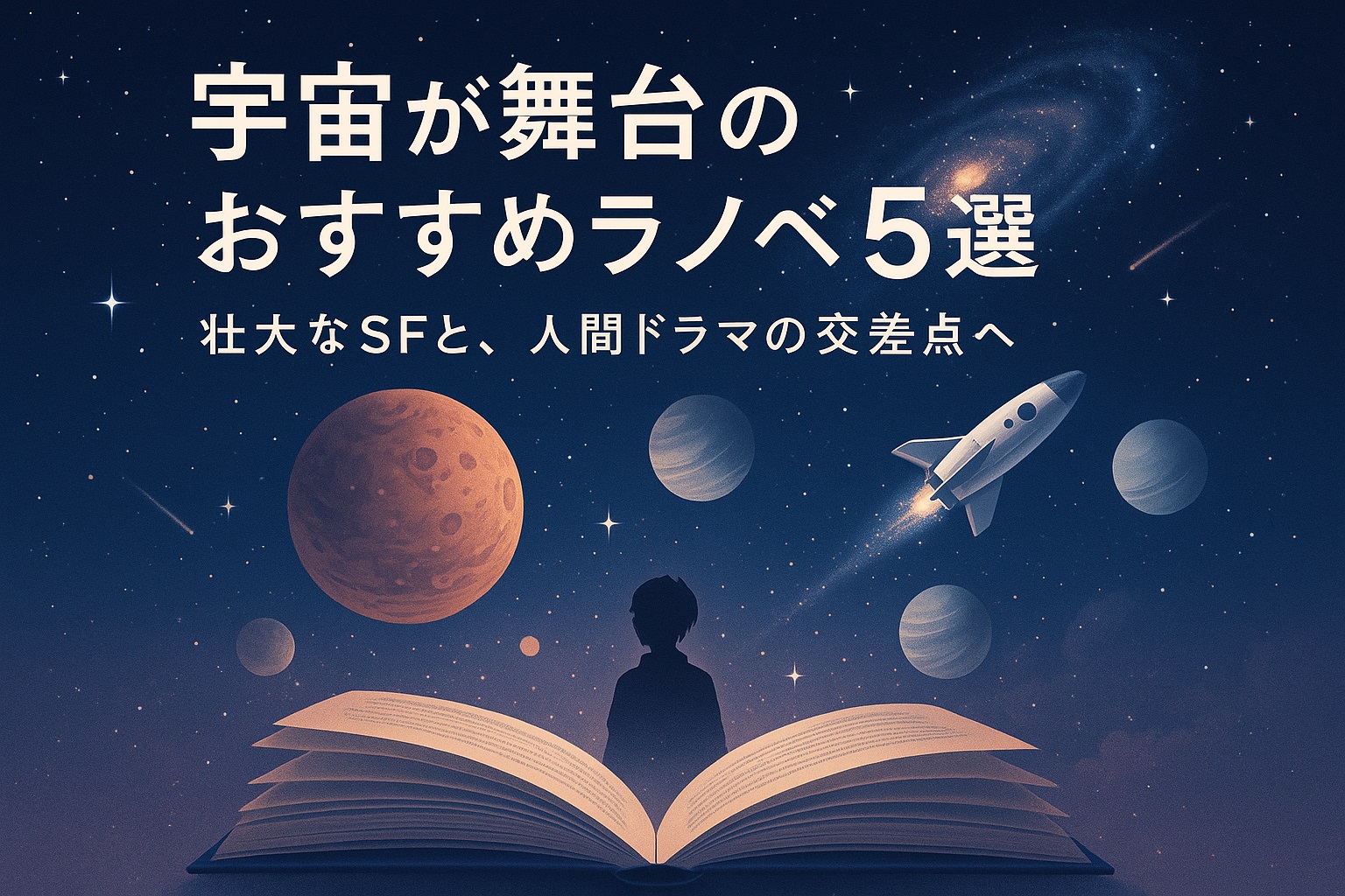宇宙が舞台のおすすめラノベ5選。開かれた本のページから月や惑星、宇宙船が飛び出す幻想的なビジュアル。星空の下で読書をする人物のシルエットが描かれ、壮大なSF世界と人間ドラマを象徴している。