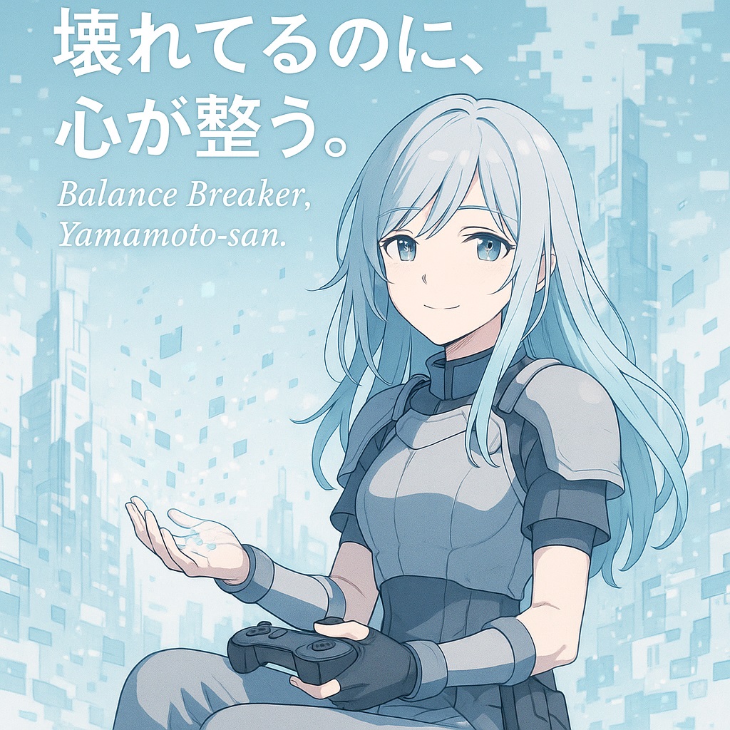 壊れゆくデジタル都市の中で、穏やかに微笑む銀髪の女性・山本さんを描いたアニメ風イラスト。