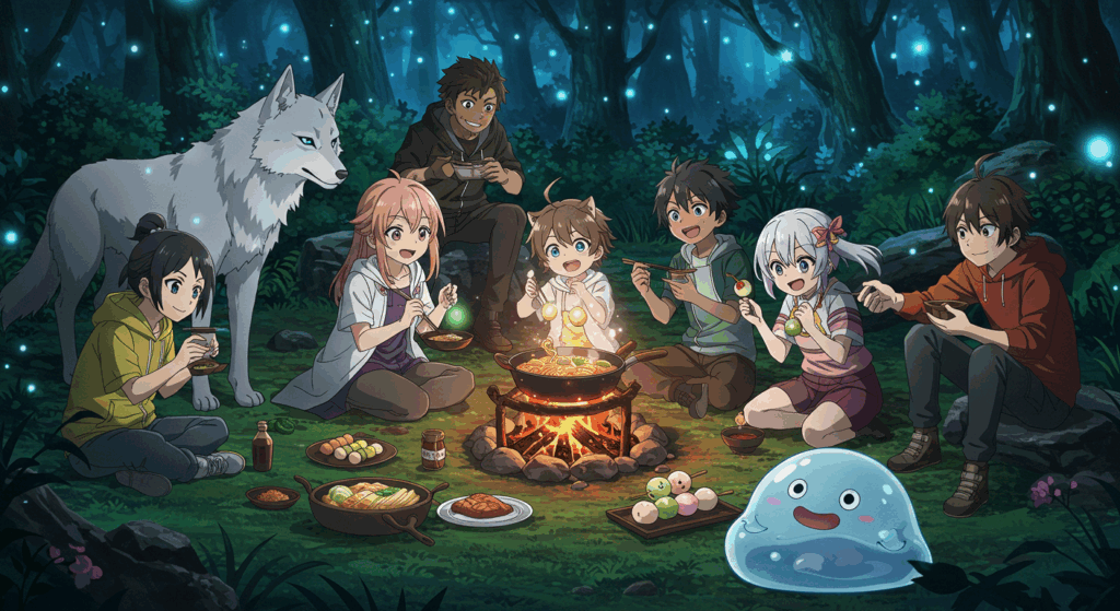 フェンリルとスイに囲まれ、ファンたちが焚き火で料理を楽しむアニメ風イラスト