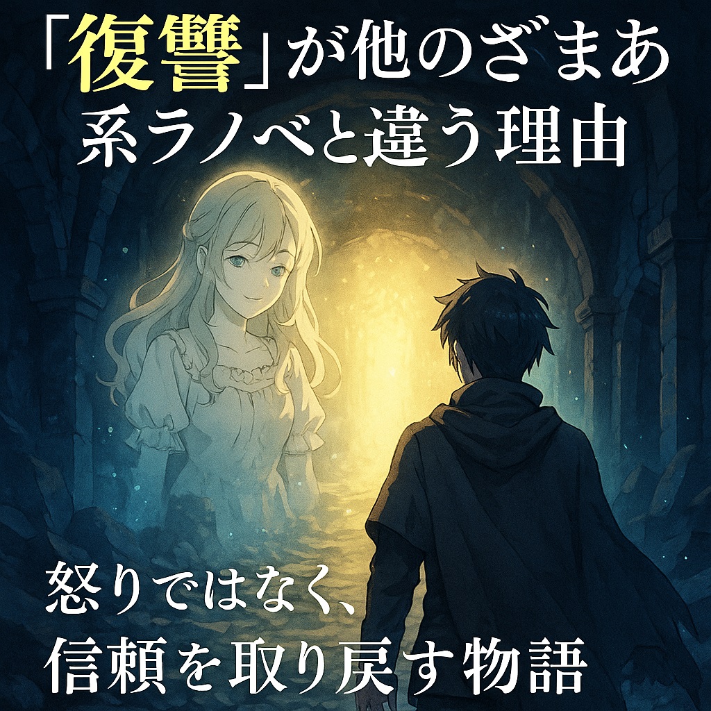 「『無限ガチャ』の復讐考察記事のアイキャッチ画像。暗いダンジョンの中から金色の光へ歩み出す主人公ライトと、その背後に浮かぶ微笑むメイの幻影。青から金へ移ろう光が、怒りから信頼への再生を象徴している幻想的なイラスト。