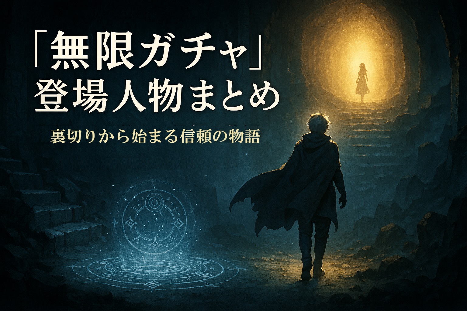 『無限ガチャ』登場人物まとめのアイキャッチ画像。奈落の底で光へ歩き出す主人公ライトと、彼を見守るメイのシルエット。裏切りと信頼の再生を象徴する青と金の光が交錯するファンタジー構図。