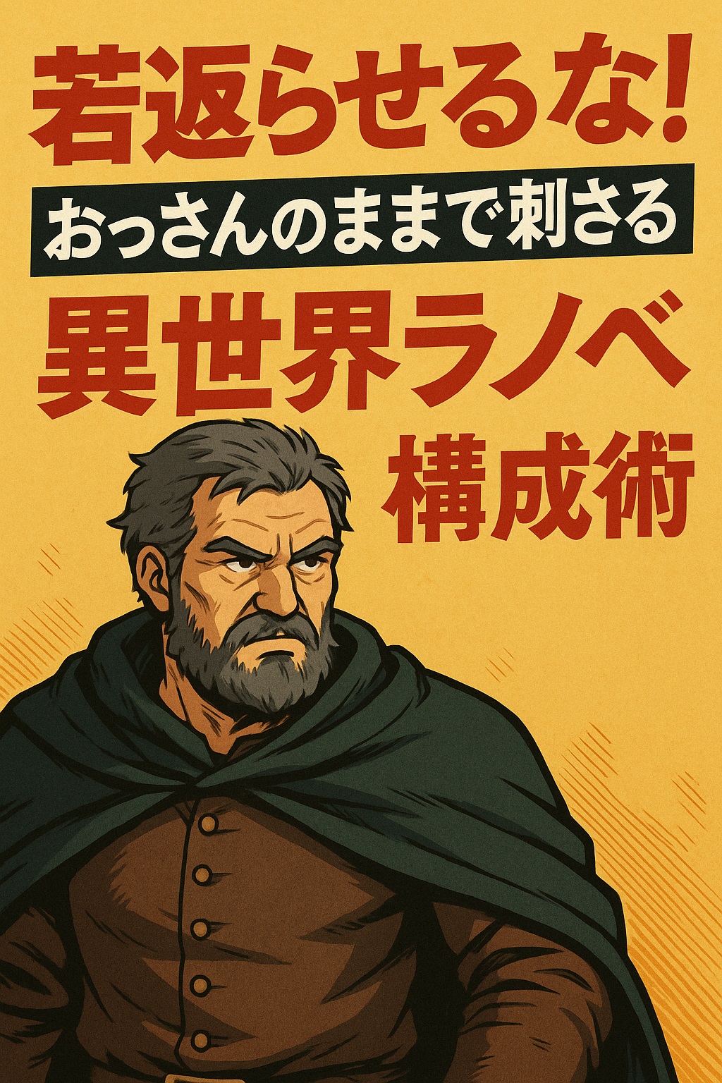 「若返らせるな！おっさん主人公で刺さる異世界ラノベ構成術」のアイキャッチ画像。異世界の風景を背景に、年季の入った中年冒険者が立つ構図。若さではなく経験と覚悟で物語を動かすテーマを象徴している。