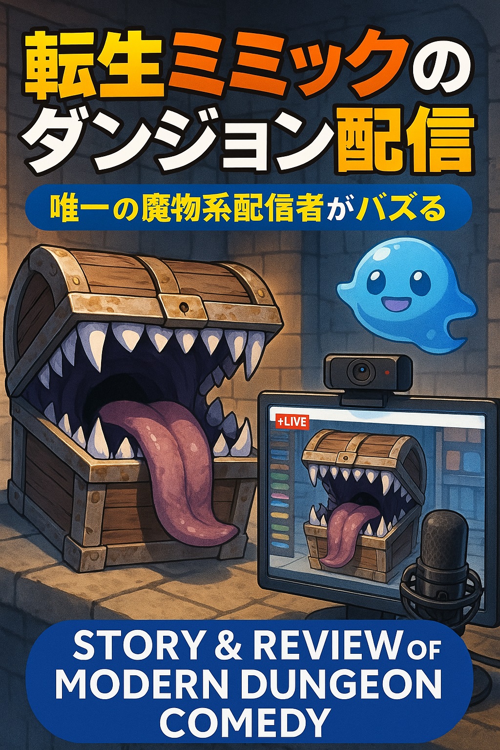 現代日本のダンジョンで、ミミック姿の主人公が配信ドローンとともに冒険を実況しているアニメ風イラスト。鮮やかな色調で、宝箱の中から笑顔の主人公がカメラに向かって手を振る姿が描かれている。