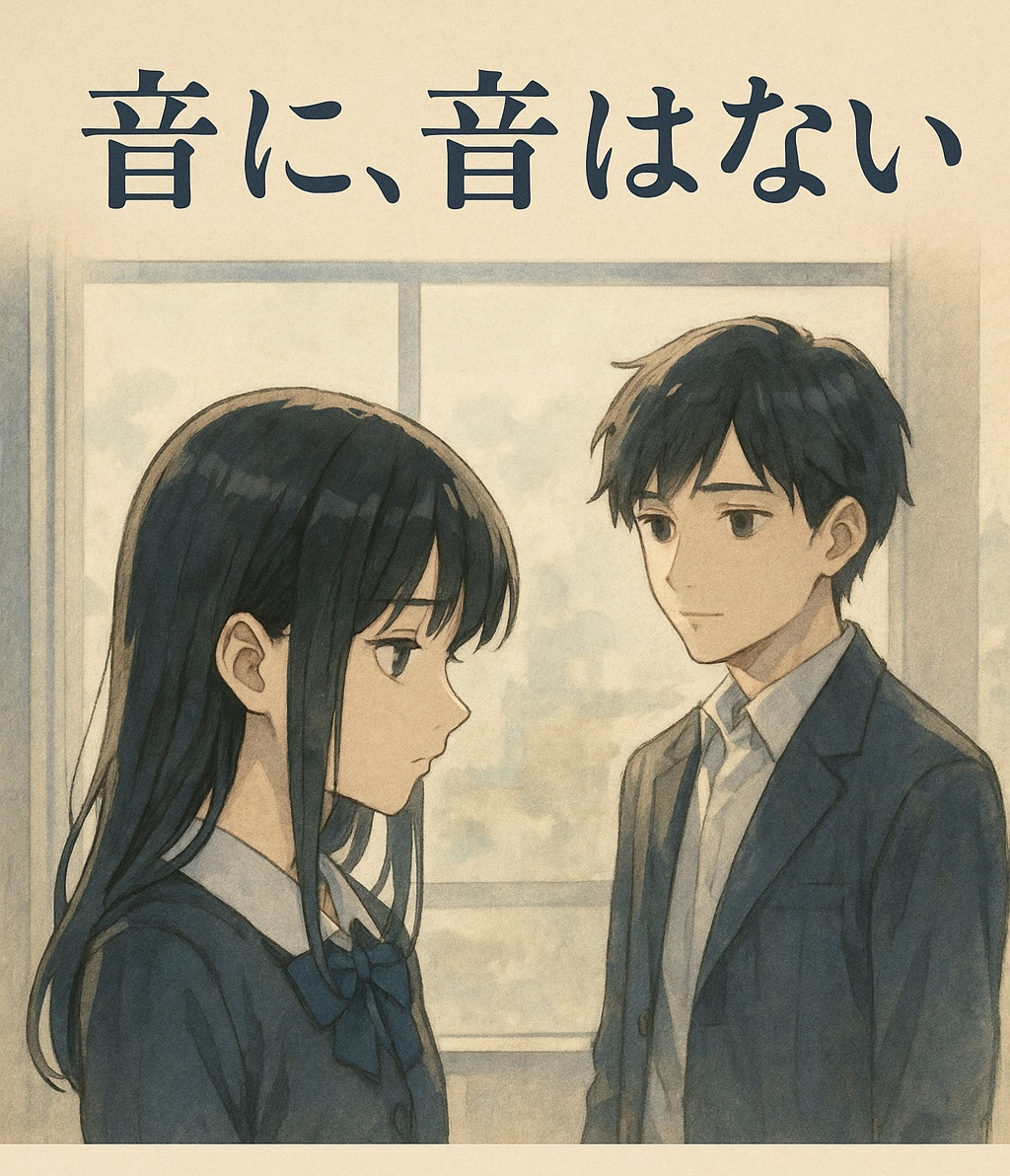 『音に、音はない』レビュー記事アイキャッチ。夕暮れの教室に佇む少女が窓の外の光を見つめる。沈黙と赦しをテーマにした静かな文学的イラスト。