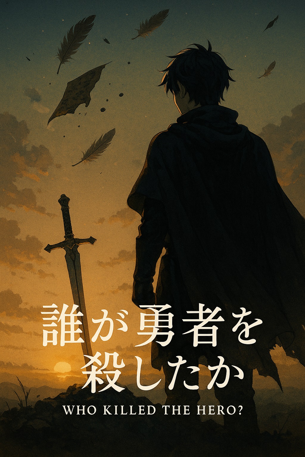 『誰が勇者を殺したか』アイキャッチ。夕暮れの荒野で背を向ける勇者が立ち、地面に突き立った剣と舞う羽根が静かに揺れる。 沈黙と余韻を描くtoi8風の幻想的イラスト。ファンタジー×ミステリーを象徴するビジュアル。