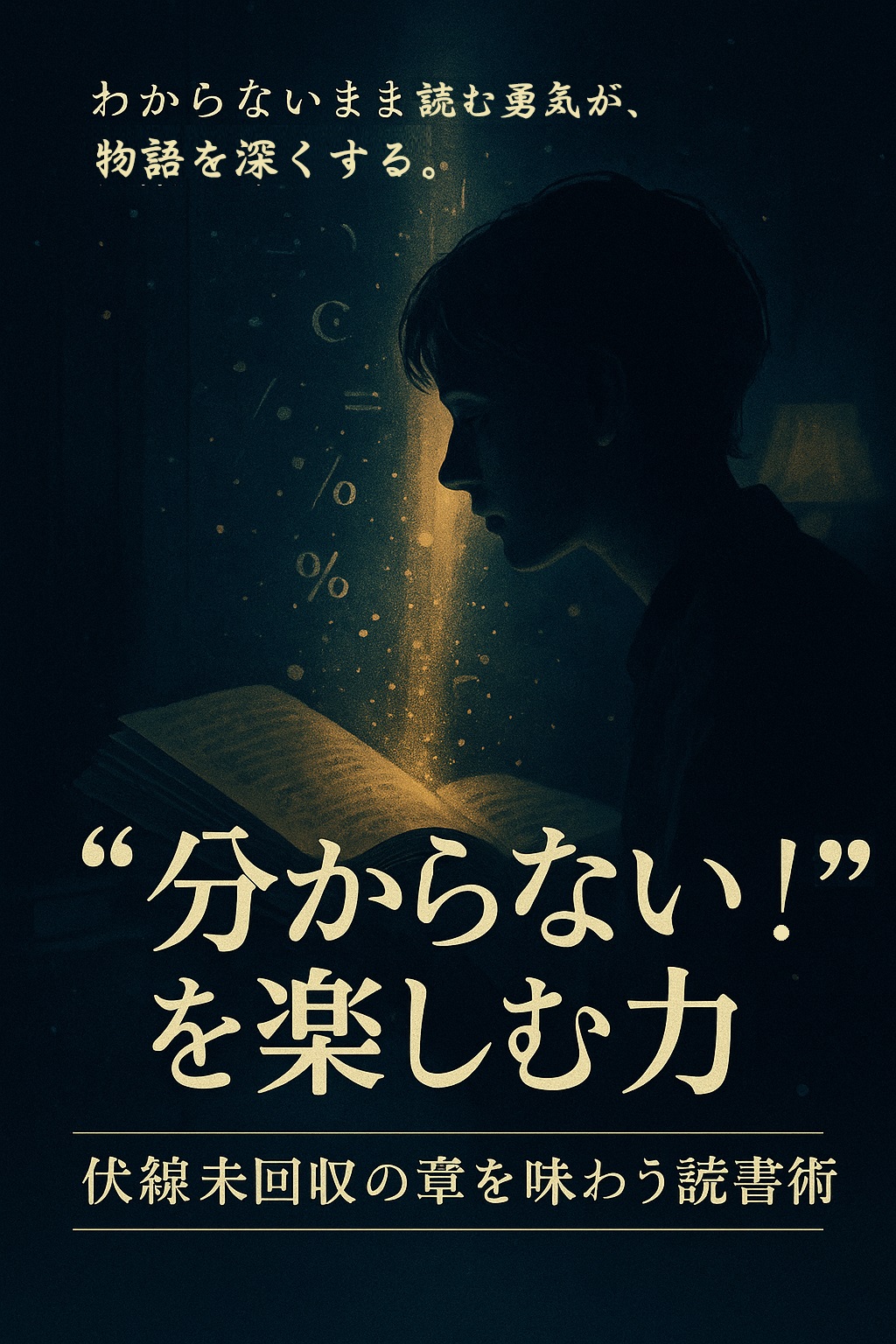 深い藍色の書斎で、一筋の金色の光が開いた本のページを照らしている。読者がその光を見つめながら静かにページをめくる様子が描かれ、“わからないまま読む勇気”を象徴する幻想的な雰囲気のアイキャッチ画像。