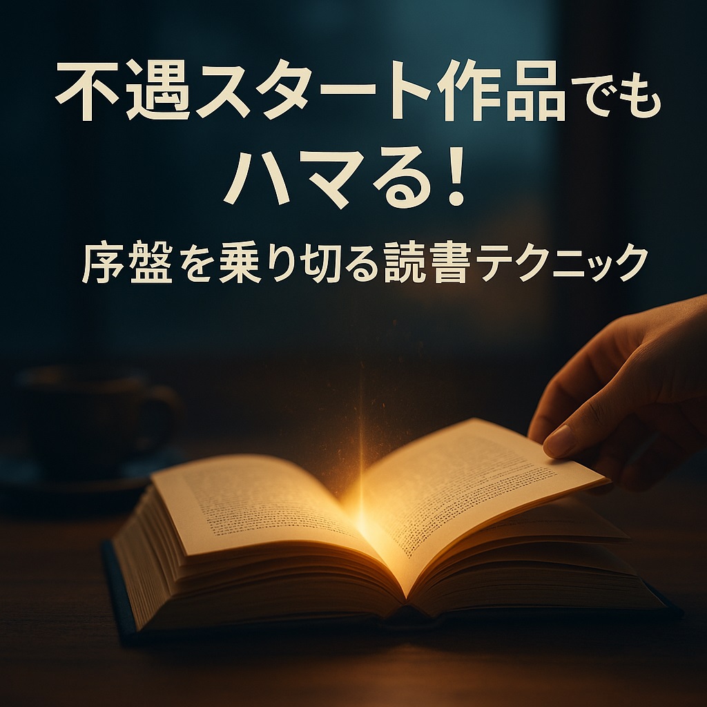 木のテーブルの上に開かれた本のページから柔らかな金色の光が差し込む。夕暮れの温かな明かりの中で手がページをめくっており、背景にはコーヒーカップがぼんやり映る。上部に『不遇スタート作品でもハマる！ 序盤を乗り切る読書テクニック』という日本語タイトルが配置されている。