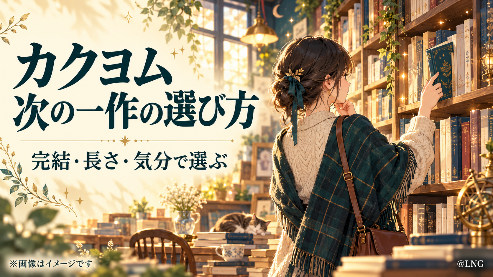 暖かな光の本棚で読者が一冊を選ぶイラスト。カクヨムの次の一作を完結・長さ・気分で選ぶ案内。